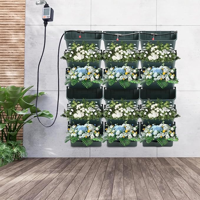 18 Pots Self-Watering Vertical Wall Planter, 39.4โL x 39.4โH Stackable Plastic Wall-Mounted Plant Grow Pots, Wall Hang Garden Planter Outdoor Indoor for Herbs Flowers Strawberries (Green)