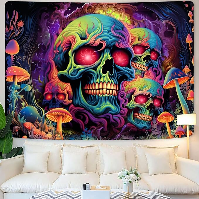 Xiaoput Skull Blacklight Wall Art, UV Reactive Skeleton Tapestry for Bedroom, Living Room, Dorm Decor 70x60IN