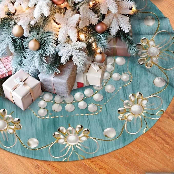 36" Christmas Tree Skirt with Elegant Aqua Pearl Christmas Angel Pattern Turquoise Tree Mat Base Cover for Xmas Festive Holiday Party Decoration Ornaments