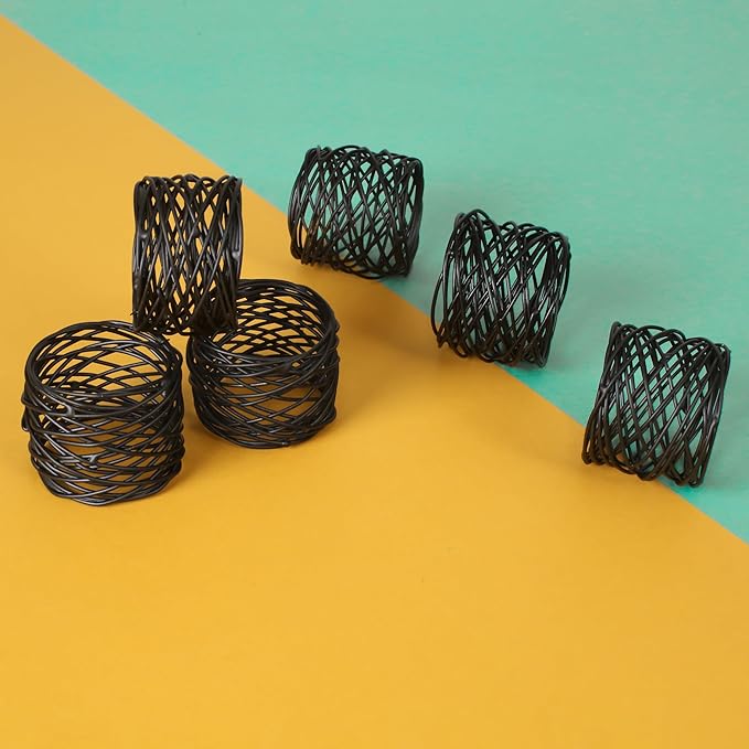 12 PCS Heavy Duty Metal Napkin Rings Set - Elegant Round Mesh Design for Table Decor, Durable Serviette Holders for Wedding, Dinner Party, Everyday Use (Black) - ALPHA Living HOME