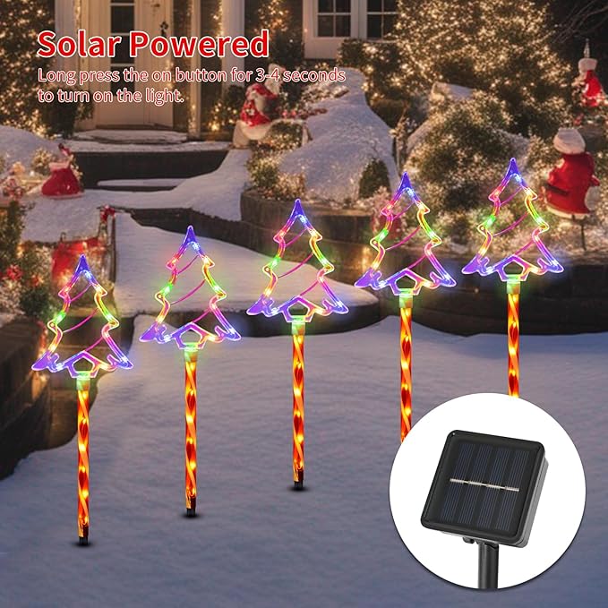 Christmas Solar Pathway Lights Outdoor Decorations, 8 Modes Xmas Tree Candy Lights Waterproof Led Garden Stake Light for Walkway Yard Lawn Porch Holiday Decor 5-Pack (Multicolor Tree, 5 Pack)