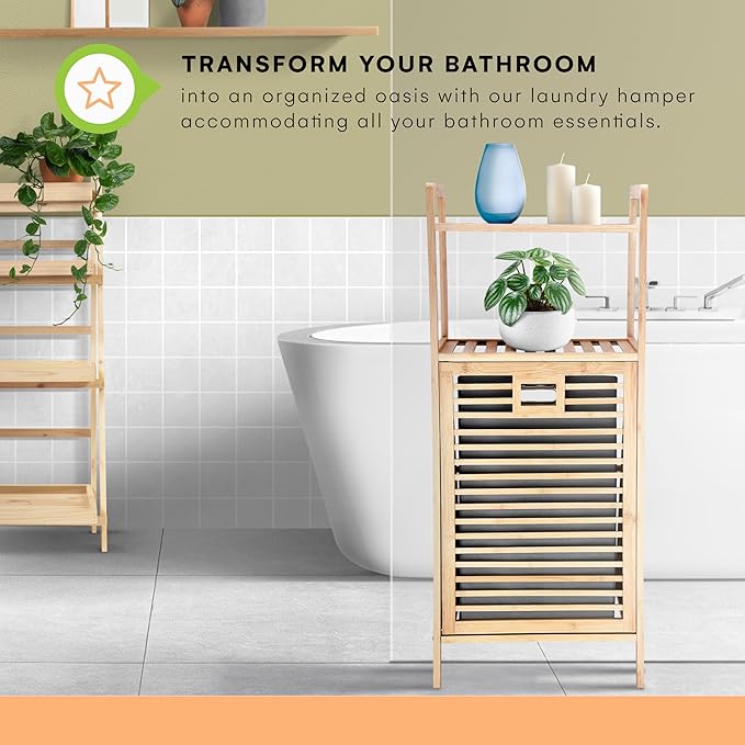 Prosumer’s Choice Bamboo Tilt-Out Laundry Hamper with 2-Tier Storage Shelves – Freestanding Clothes Hamper with Removable Liner, Space-Saving Design for Bathroom or Bedroom – 15.5”L x 11.8”W x 37.4”H