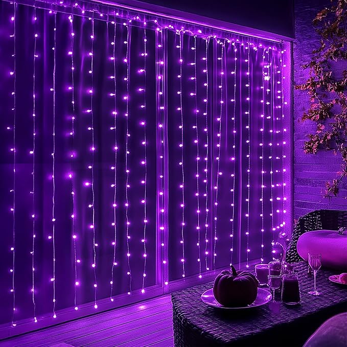 Dazzle Bright 300 LED Curtain String Lights, Halloween Fairy Lights for Bedroom with 8 Lighting Modes, Connectable Waterproof Window Light Party Wedding Garden Wall Decor, Purple