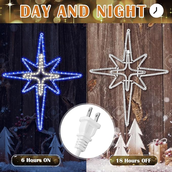 28" Christmas Star of Bethlehem LED Star Hanging Lights Nativity Holy Family Light for Door Window Porch Wall Decoration Plug Operated Lighted Hanging Tree Topper (Blue, Light Yellow)