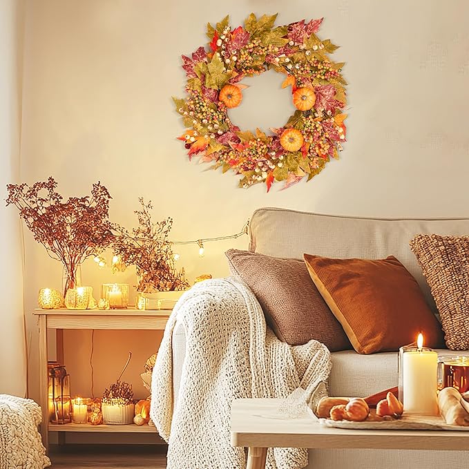 GENMOUS 24 Inch Fall Wreaths for Front Door, Autumn Maple Leaves Wreath for Home Porch Decor, Farmhouse Pumpkin Wreaths for Thanksgiving Halloween Harvest Festival Fall Decoration Outdoor Indoor Home
