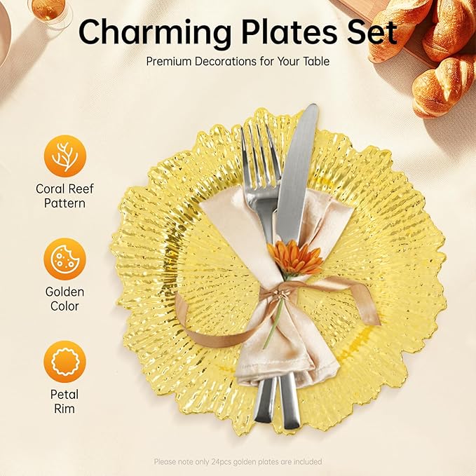 Antique Charger Plates Set 13'' Round Embossed Dinner Plate Chargers Plastic Elegant Floral Plates for Dinner Wedding Party Event Table Kitchen Decoration 100PCS (Gold 24Pcs)