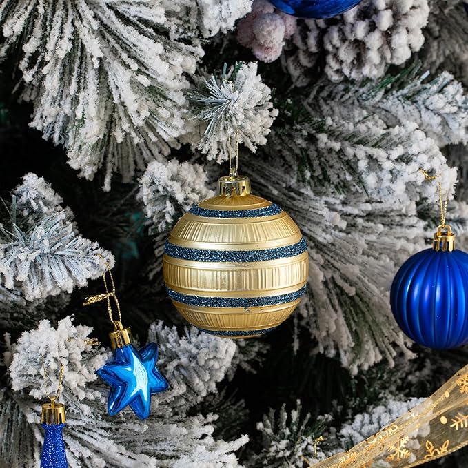 150Pcs Christmas Ball Ornaments Set, Assorted Bauble Ornaments for Xmas Tree, Shatterproof Plastic Hanging Decor for Home/Indoor/Outdoor/Festival/Party (Blue & Gold)