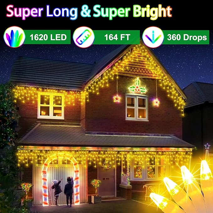 1620 LED Christma Lights with 360 Drops, 164ft Outdoor Hanging lights with 8 Modes & Timer Memory, Outsite Waterproof Curtain String Lights for Front House Fence Tree Holiday Decorations (Warm White)