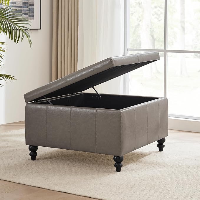 HUIMO Square Leather Storage Ottoman,Ottoman Coffee Table with Storage for Living Room (Taupe)
