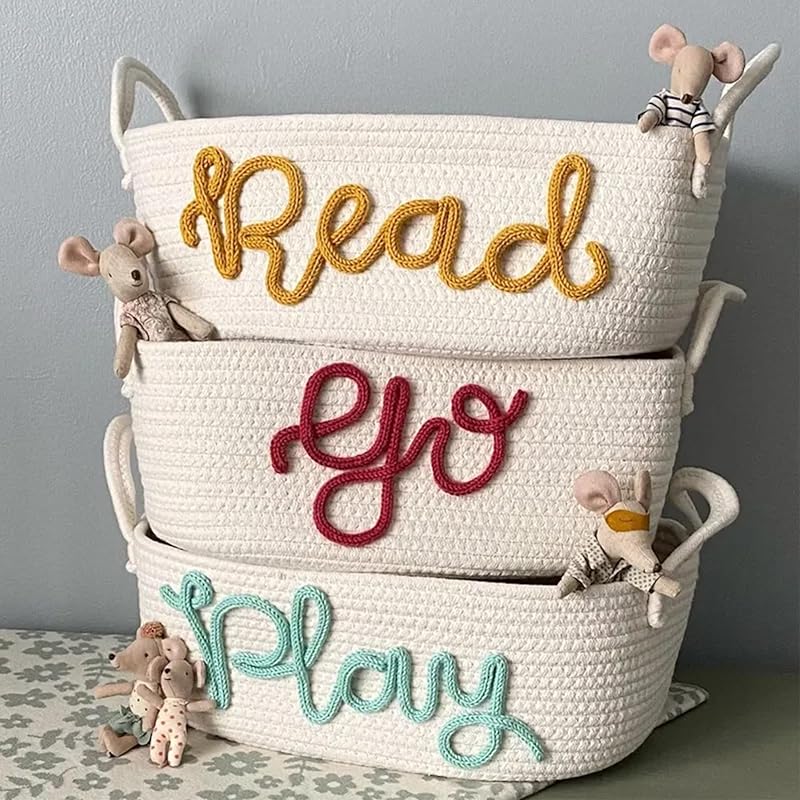 Personalized Baby Name Basket, Custom Woven Baby Shower Gift Basket with Cotton Rope Handle Baby Diaper Nursery Shelf Storage Basket Bin for Kids' Bedroom (Style 1)