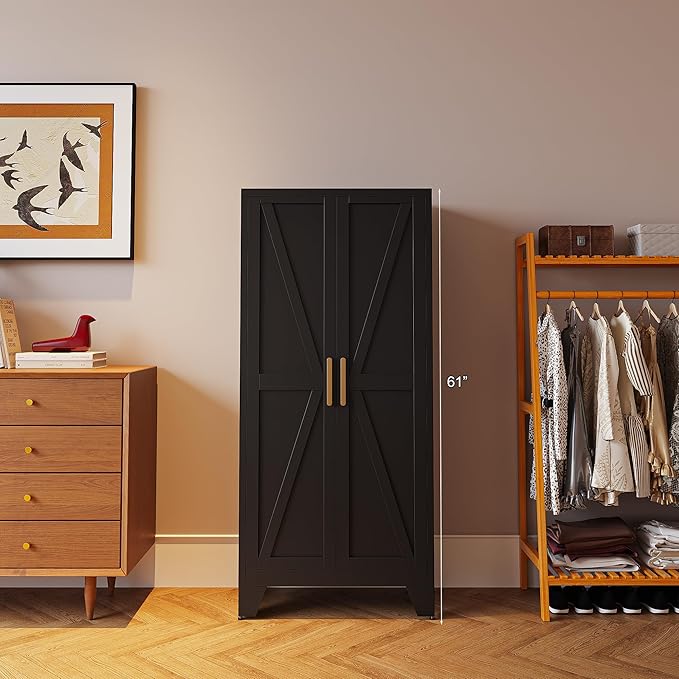 61" Tall Farmhouse Metal Pantry Cabinet, Kitchen Pantry Storage Cabinets with 2 Barn Door and Adjustable Shelves,Metal Pantry Storage Cabinet,for Kitchen,Laundry Room,Home Office,Kids Room (Black)