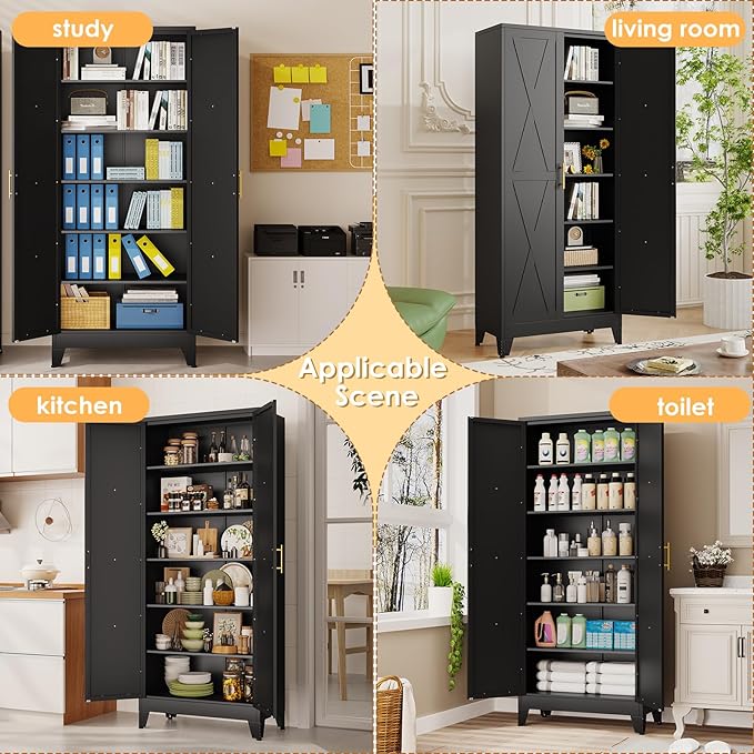 75" Tall Metal Kitchen Pantry Storage Cabinet, Freestanding Cupboard with 2 Doors and 5 Adjustable Shelves, Standing Storage for Kitchen, Bathroom, Garage, Dinning Room or Utility Room(Black)