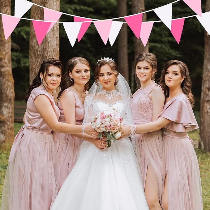 MARFOREVER 28 FT Rose Hot Pink Pennant Banner, 30 Pcs Pink Fabric Triangle Flag Bunting Garland for Baby Shower Nursery Garden Wedding Engagement Anniversary Theme Party Decorations