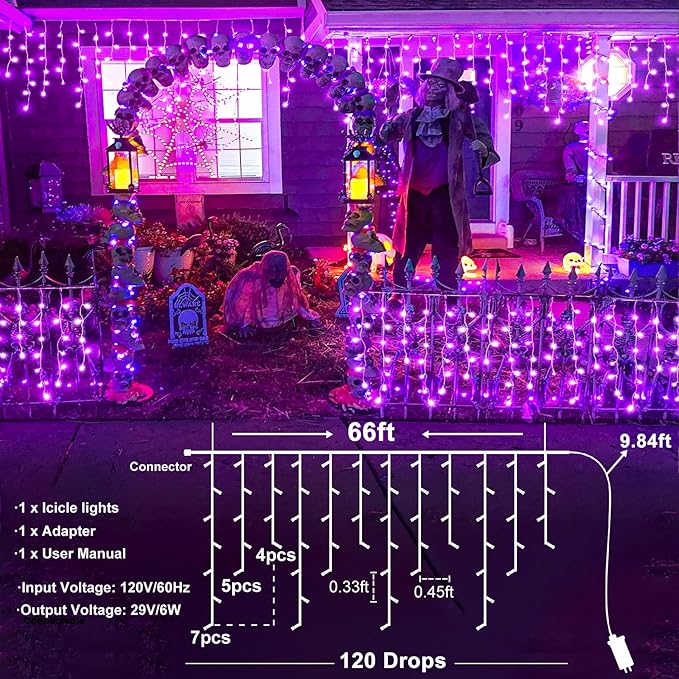66ft Purple Halloween Lights Outdoor Indoor, 640 LED Icicle Lights for Outside Twinkle Christmas Lights with 120 Drops Clear Wire Timer 8 Modes for House Party Tree Yard Patio Eaves Holiday Decoration