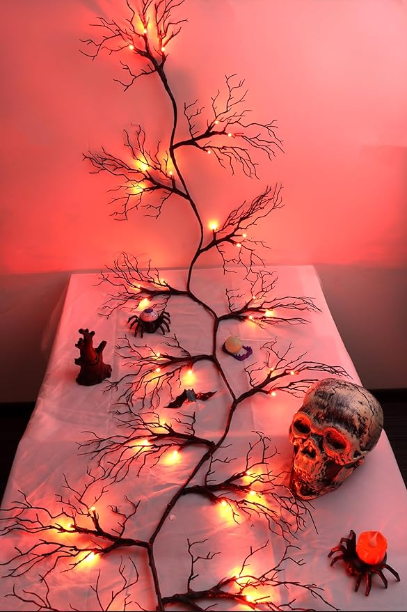 9 Ft 66 LED Willow Vine Twig Decor Black Halloween Garland with Orange Lights, Timer 8 Modes Waterproof Battery Operated Indoor Halloween Decorations for Wall Fireplace Mantle Home Office Party Decor