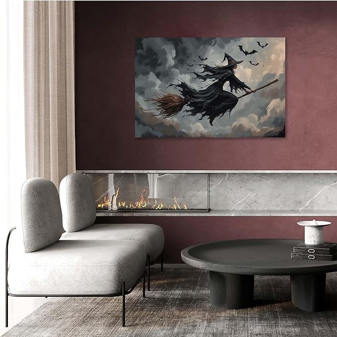 Witch and bat flying Halloween poster suitable for home party wall decoration retro Halloween preppy style wall art canvas print suitable for room decoration24x36in Wood Framed