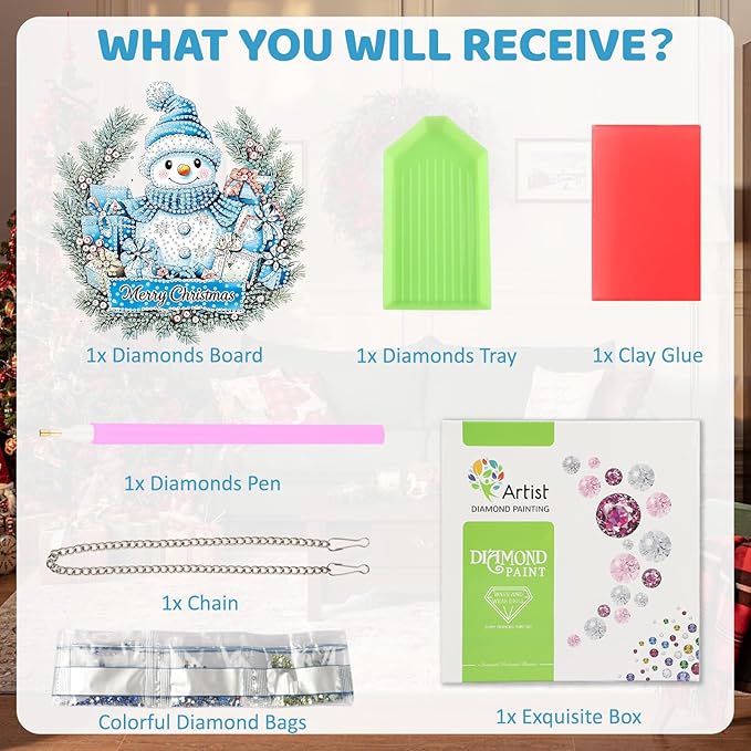 MEIYUDA Christmas Hanging Diamond Art Kits for Adult, Snowman Wreath Diamond Painting Hanging Kits Ornaments, DIY Special Shaped Rhinestone Window Pendants kit for Home Garden Wall Decor Gift