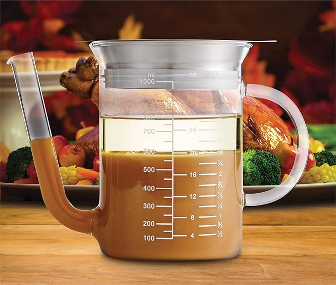 HIC Kitchen Roasting Fat Separator With Gravy Strainer, Borosilicate Glass 18/8 Stainless Steel, and Silicone, Holds 32-Ounces