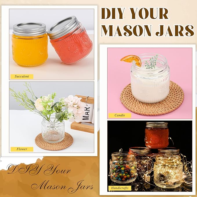 Mason Jars 8 oz - Vintage Small Glass Mason Jars with Silver Metal Lids, Regular Mouth Canning Jars, Safe For Storage, Canning, Pickling, Preserving, Fermenting, DIY Crafts & Decor (12Pack)