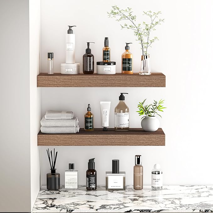 Fun Memories Floating Shelves - 16 Inch Wall Shelf for Decor & Storage - Wall Mounted Display Shelving with Invisible Heavy-Duty Metal Bracket 2Pack, Walnut