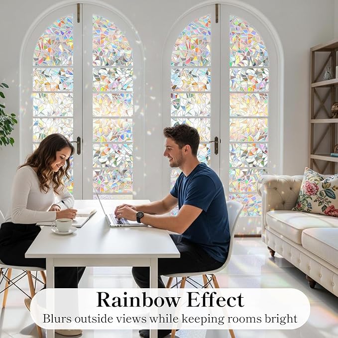 DUOFIRE Window Privacy Film, Rainbow Window Clings for Glass Windows, Stained Glass Film Decorative, 3D Decals Cover, Suncatcher Static Cling Sticker for Home, 11.8 x 78.7 inch