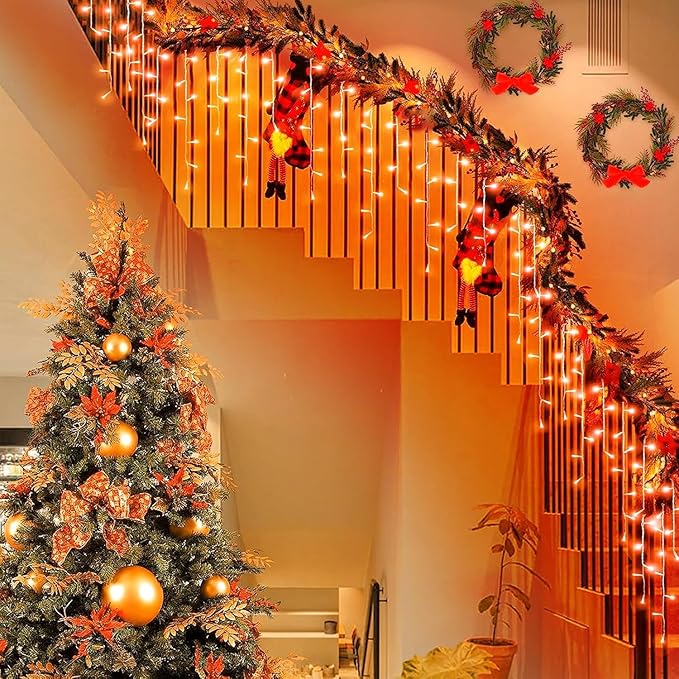 66ft Orange Halloween Lights Outdoor, 640LED Icicle Lights for Outside Indoor Twinkle Christmas Light with Connectable Clear Wire 8 Modes Timer Waterproof for House Party Tree Holiday Yard Patio Decor