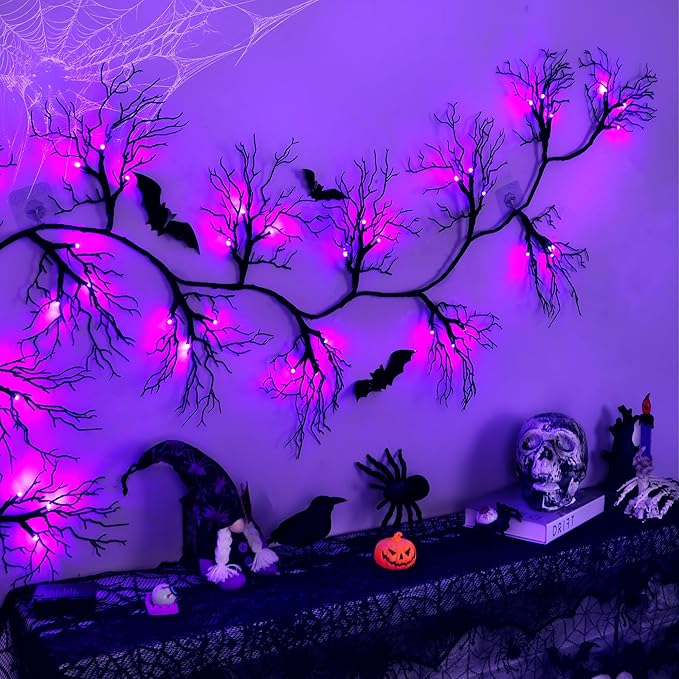 6 Ft 45 LED Willow Vine Twig Decor Black Halloween Garland with Purple Lights, Timer 8 Modes Waterproof Battery Operated Indoor Halloween Decorations for Wall Fireplace Mantle Home Office Party Decor