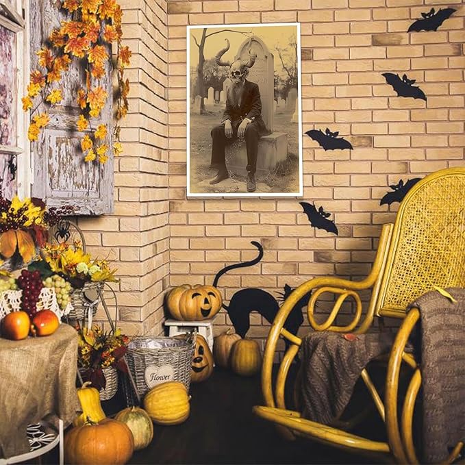 Skeleton Halloween Forest Occult Poster Vintage Spooky Canvas Wall Art Gothic Room Decor Dark Academia Bedroom Decorations Creepy Skull Prints Picture Aesthetic 16X24inch Unframed
