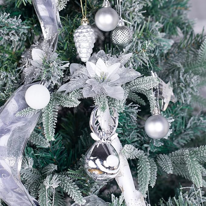100 Pack Christmas Ball Ornaments,Silver and White Plastic Christmas Balls Shatterproof Christmas Tree Decorations in Indoor,Holiday Xmas Tree Decor Hanging Baubles Balls