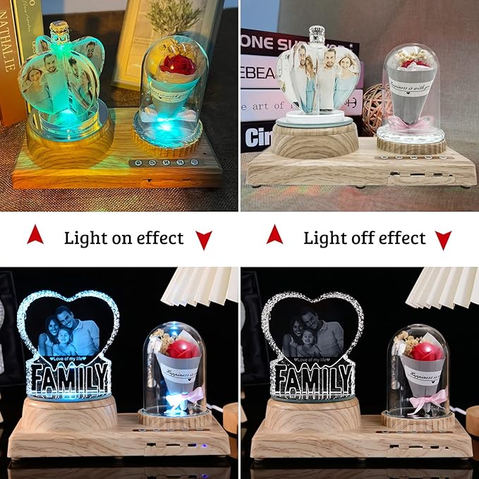 Personalized Heart Crystal Print with Your Photo, Office Desktop Decor Personalized Picture Gifts Glass Clear Frame with Bluetooth Rotary Speaker Color Led Light Changing Mood Light