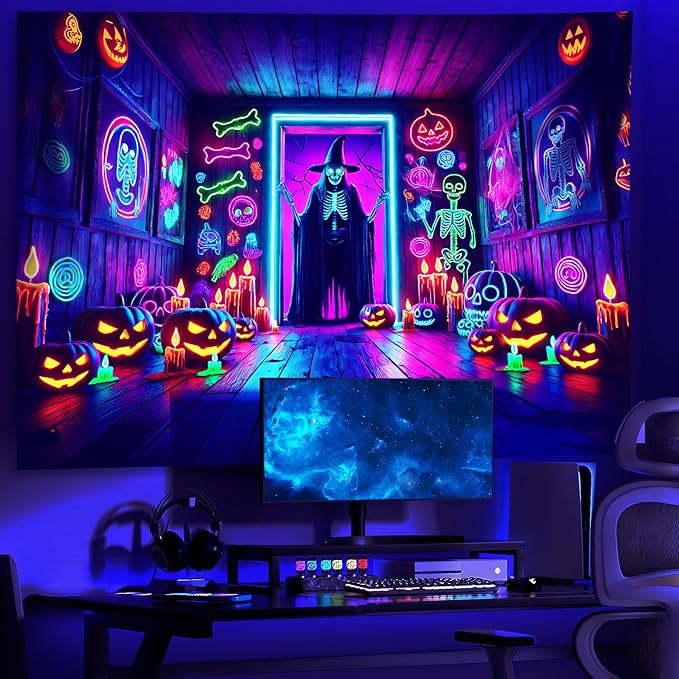 AOHMPT Glow-in-the-Dark Halloween Tapestry - UV Reactive Black Light Wall Hanging Decor for Spooky Parties, Bedroom, Living Room (Witches, 79L x 59W, Unframed)