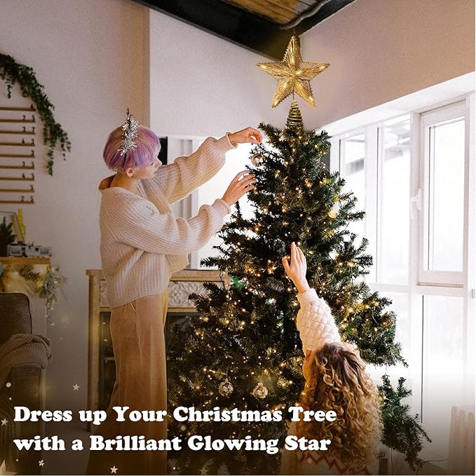 Gold Christmas Tree Topper Star with 50 Warm LED Lights 8 Lighting Modes Timer, Tradition Glitter Star Tree Topper for Christmas Tree Decorations and Xmas Holiday Seasonal Decor