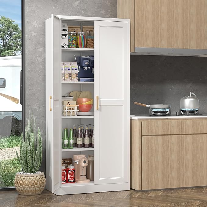 71" Storage Cabinet, Metal Pantry Cabinet, Kitchen Pantry Storage Cabinets with Doors and 4 Shelves, Cabinets for Laundry Room, Living Room, Dinning Room, Assembly Required, White
