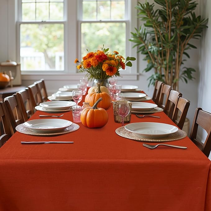 Fitable Faux Linen Rectangle Tablecloths 60 x 102 Inch - 2 Pack Rust Table Cloth for 6-8 Foot Tables, Faux Burlap Kitchen Table Cover for Thanksgiving Autumn Dining Party Farmhouse Banquet Buffet