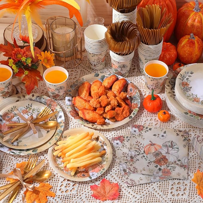 350 Pcs Thanksgiving Fall Party Supplies Dinnerware Set Disposable Plates Napkins Paper Cups Plastic Cutlery for Autumn Thanksgiving Harvest Party Decor Serves 50 (Pumpkin Floral)