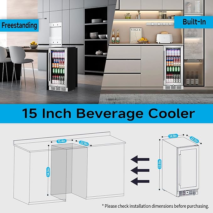 15 Inch Beverage Refrigerator Under Counter - 126 Cans Beverage Fridge with Glass Door for Beer Wine Soda - Built-in or Freestanding Wine Cooler with Safety Lock for Home Kitchen Bar