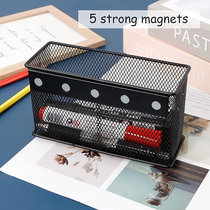 Magnetic Storage for Locker Baskets Organizer Black Magnetic Basket with 5 Strong Magnets, Magnetic Locker Organizer Holder for Whiteboard Office, 6.29'' × 2.28'' × 3.54''