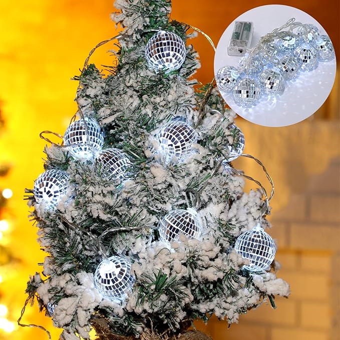 Zhanmai 30 LED Disco Ball String Lights Decor Lighted Mini Mirror Disco Balls Ornaments for 70s 80s Party Supplies Club(1.57 Inch Ball,Silver)