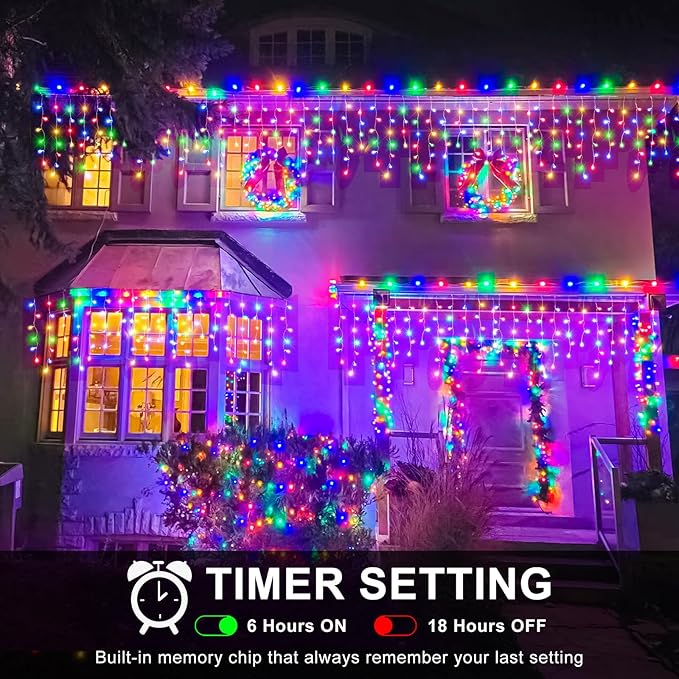 Icicle Lights for Outside, 33FT 400 LED Icicle Christmas Lights Outdoor Indoor with 8 Modes 75 Drops, Waterproof Connectable Twinkle String Light for Eaves Patio Garden Wedding Party Decor, Multicolor