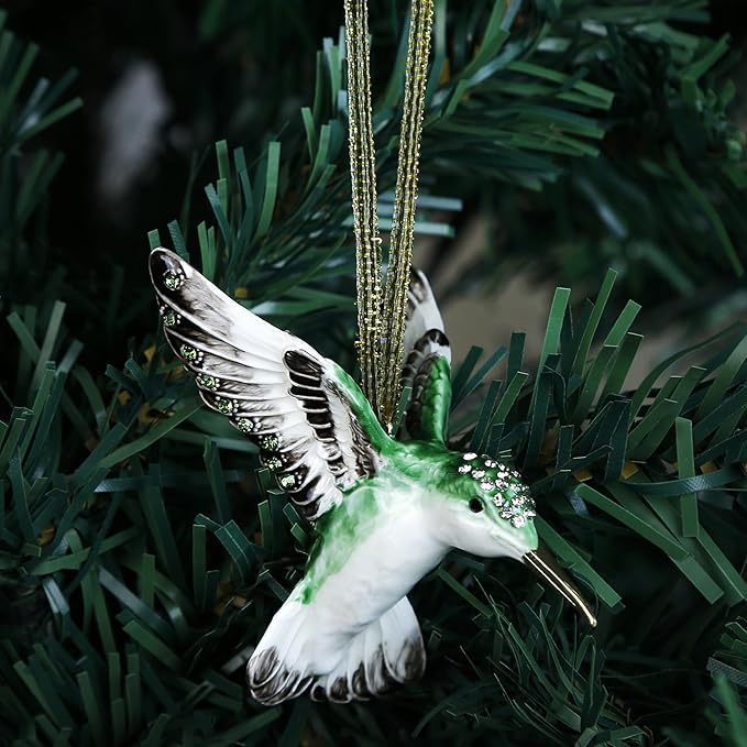 Hand Painted Enamel Hanging Hummingbird Ornament, Elegant Decorative Hanging Ornaments, Christmas Figurine Collectible Keepsake Home Decor, for Christmas Tree, Windows, Satin Ribbon (Hummingbird)