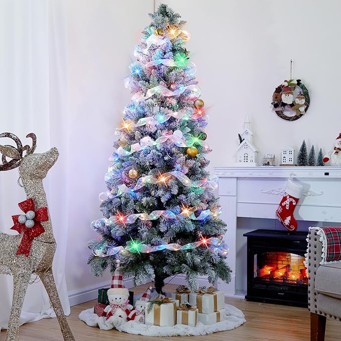 2 Pack Christmas Tree Ribbon String Lights - 33ft 100 LED Battery Powered Fairy Lights with Timer and 8 Lighting Modes, Ribbon Bows Light for 6ft - 8ft Christmas Tree Decor, Silver Ribbon, Multi-color