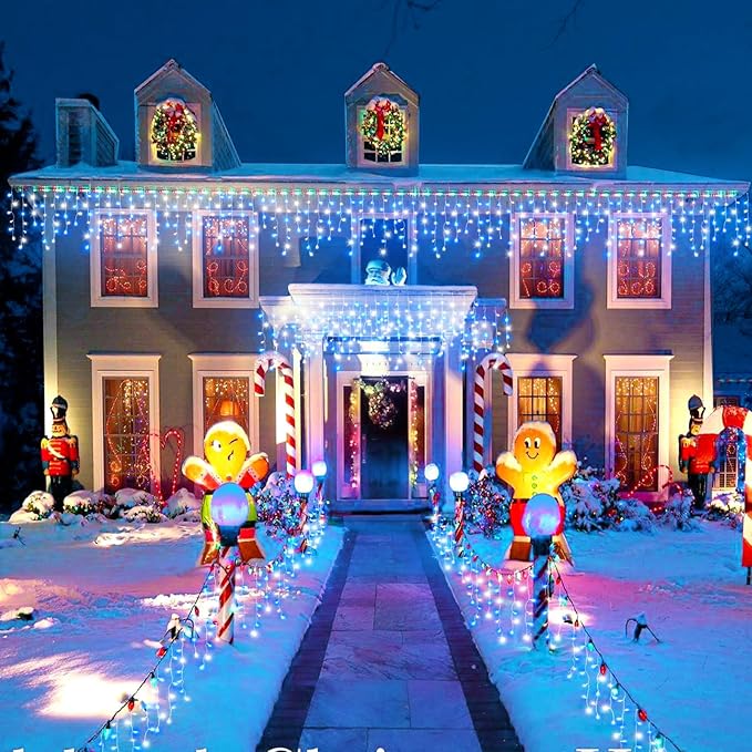 66FT 640 LED Icicle Lights for Outside, Icicle Christmas Lights Outdoor with 8 Modes Timers, Waterproof Plug in Twinkle String Light for Yard Eave Patio Party Holiday Decorations, Blue White