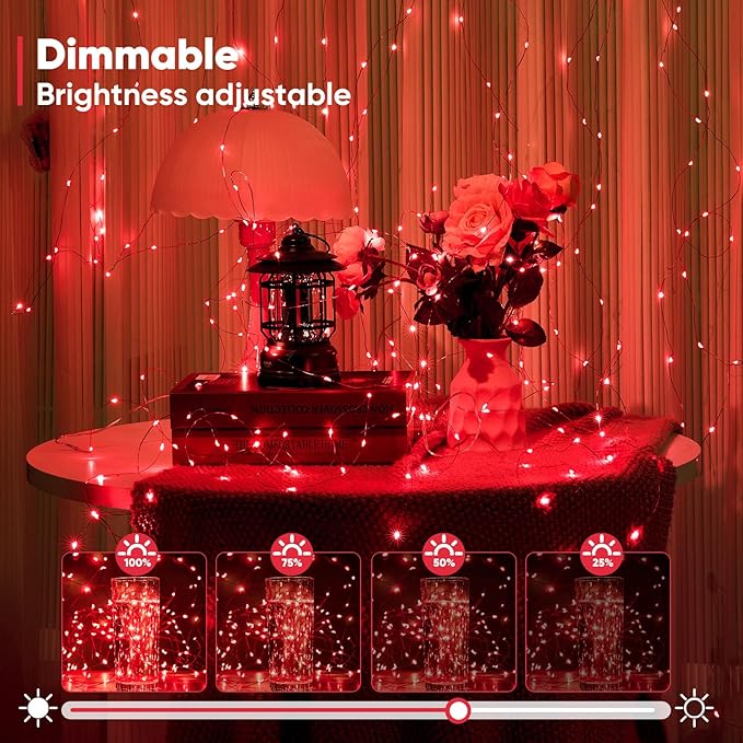 1 Pack 16.4 Ft. Battery Operated Outdoor String Lights with Remote & Timer, LED Red Fairy Lights, Waterproof Twinkle Lights for Bedroom, Dorm, Mason Jar, Wedding, Party, Christmas