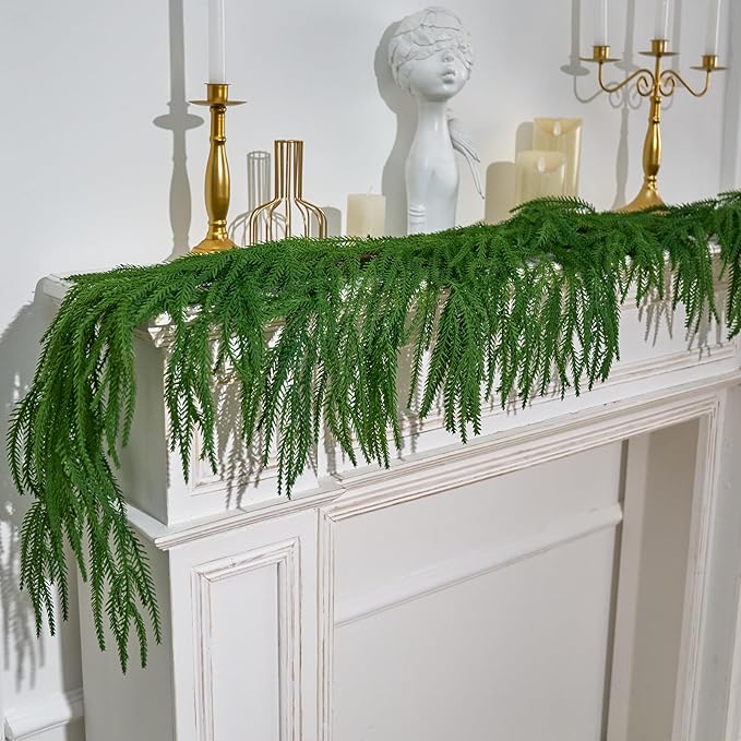 6FT Artificial Norfolk Pine Garlands, Real Touch Winter Christmas Pine Tree Wreath, Green Artificial Greenery Garland for Christmas Holiday Seasonal Indoor Home Decor Mantle