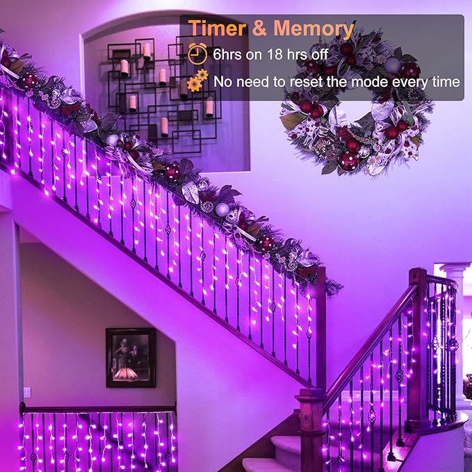 33ft Purple Halloween Lights Outdoor Indoor, 400 LED Icicle Lights for Outside Twinkle Christmas Lights with 75 Drops Clear Wire Timer 8 Modes for House Party Tree Yard Patio Eaves Holiday Decoration