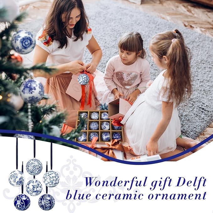 Cindeer 12 Pcs Blue and White Christmas Porcelain Balls 2.4 Inch Porcelain Chinoiserie Ornament Bulk Christmas Ceramic Hanging Decorative for Tree Home Xmas Party (Elegant Style)