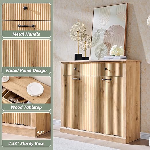 Modern Double Tilt-Out Trash Cabinet, 20 Gallon Fluted Laundry Hamper Cabinet with 2 Drawers, Wooden Hidden Garbage Can Cabinet with Storage Basket for Kitchen & Living Room, Natural Oak