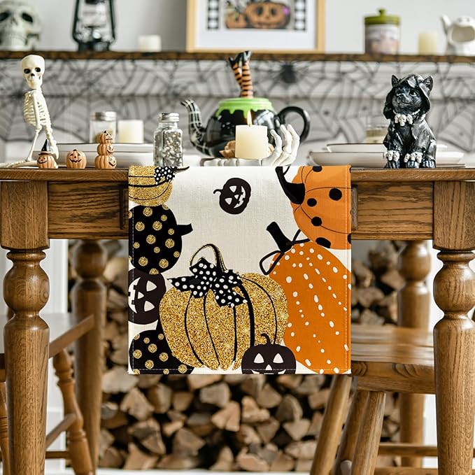 Artoid Mode Polka Dot Halloween Jack-O-Lantern Pumpkin 2PCS Table Runner, Holiday Kitchen Dining Table Decoration Home Party Decor 13x72 Inch