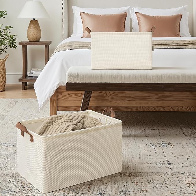 StorageWorks Storage Bins, Shelves Baskets for Organizing, 45L Extra Large Fabric Closet Organizers with Handles, Metal Frame, Beige(Texture), 2-Pack