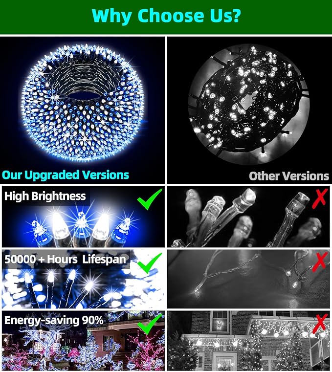 300LED Christmas Lights Outdoor Indoor Use, 12 Lighting Modes 75ft Christmas Tree Lights with Timer, Dimmable Blue Cool White LED StringLights Waterproof for Yard Wedding Party Holiday Blue&CoolWhite